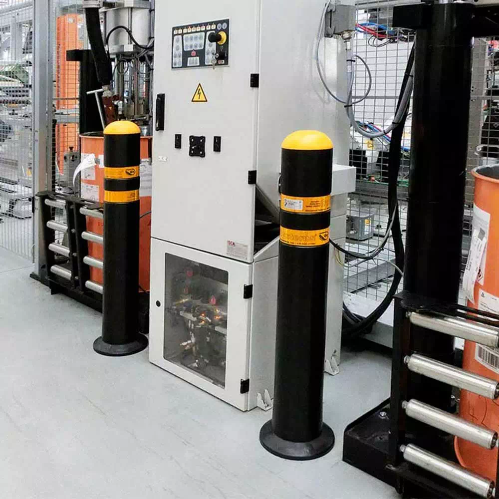 dynamic impact post protecting control panel at machine edge